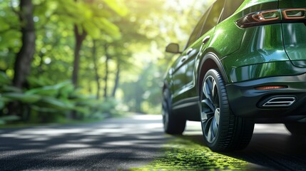 Futuristic green luxury SUV on the right, left side empty space with blurred forest background, high-quality image for automotive ads.