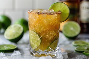Fototapeta premium A caipirinha cocktail in a short glass, with muddled lime wedges, sugar, and cachasa, served over crushed ice. 