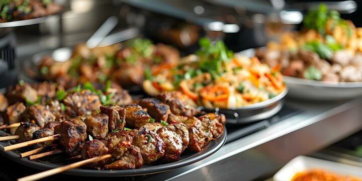 Delicious global dishes like shish taouk and yakitori fill the room. Concept Global Cuisine, Shish Taouk, Yakitori, Delicious Dishes, Culinary Experience