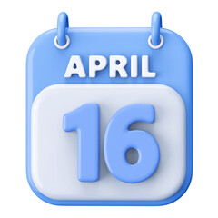 16th April Calendar Icon 3D Render