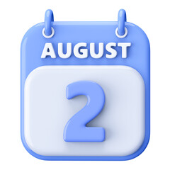 2nd August Calendar Icon 3D Render