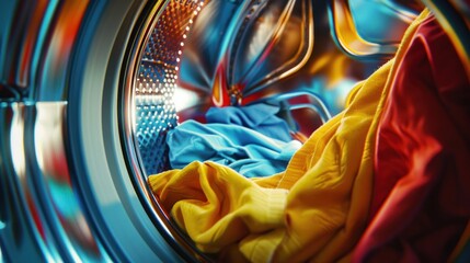 Washing machine with color clothes on it.