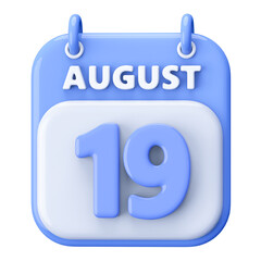 19th August Calendar Icon 3D Render