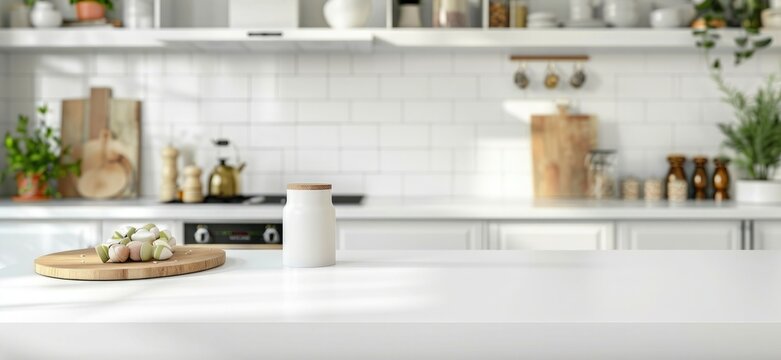 Empty white marble table top and blurred kitchen background, product display montage