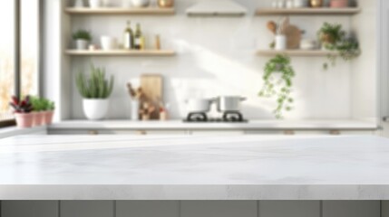 Empty white marble table top and blurred kitchen background, product display montage