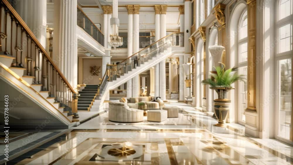 Poster grand white and gold room with staircase, combine elements of neoclassical architecture with modern 