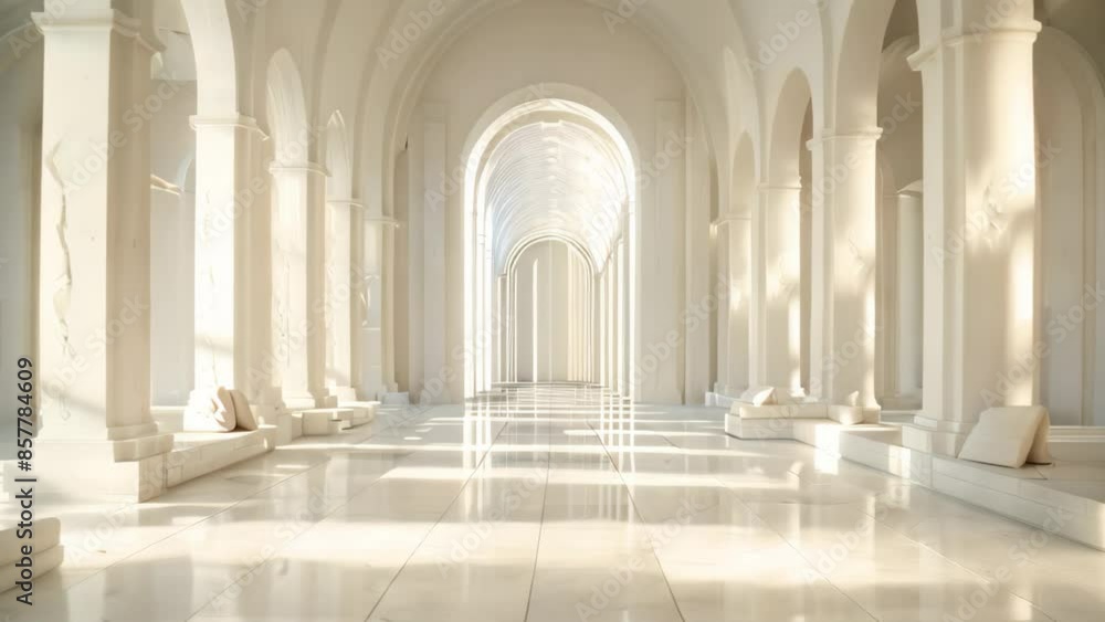 Poster grand hallway with columns and white walls, combine elements of neoclassical architecture with moder