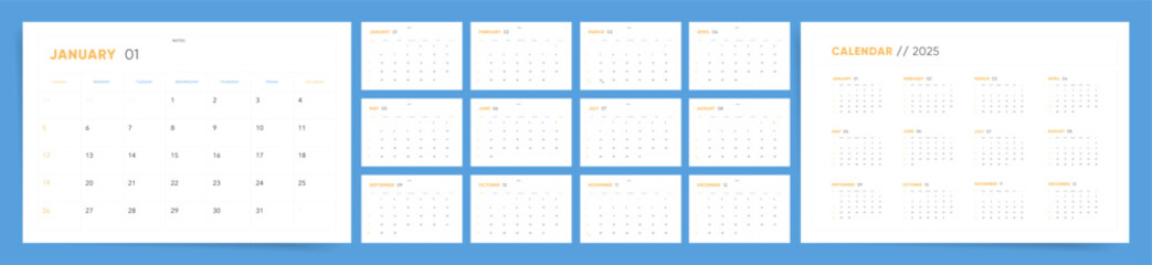 2025 Calendar template design. Week starts on Sunday office calendar. Desktop planner in minimalism clean style. Corporate classic simple calendar. English vector calendar layout.