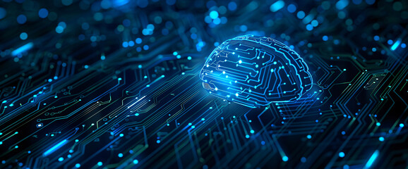 Abstract blue digital technology background with chip and brain icon on dark virtual circuit board for business, scifi, science fiction concept


