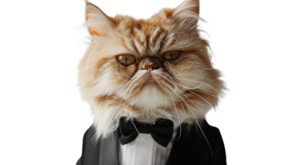 Photograph of a Persian cat dressed in a tiny tuxedo, ready for a fancy party against a transparent background