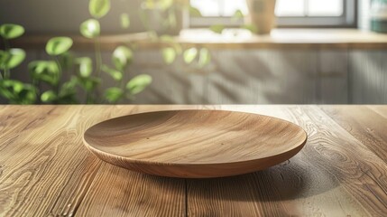 Empty wooden cutting board on table in modern kitchen. space for text