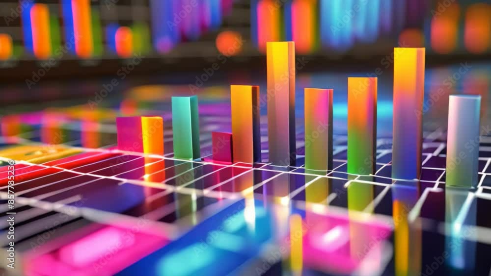 Poster close up view of a vibrant bar chart displayed on a laptop screen, compare and contrast key performa