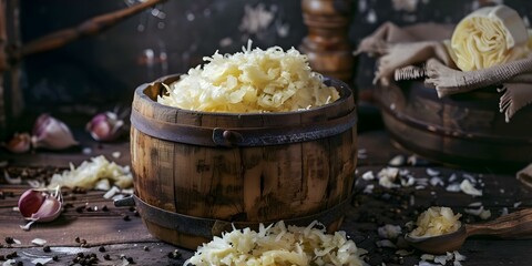 Sauerkraut in a wooden barrel fermenting cabbage soup. Concept Fermented Foods, Sauerkraut, Cabbage Recipes, Homemade Fermentation, Wooden Barrels