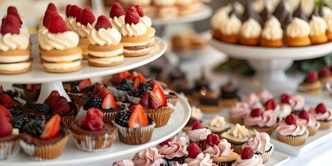 Gala dessert station featuring an array of decadent treats and sweets. Concept Dessert Selection, Gala Event, Decadent Treats, Sweet Delights, Dessert Station