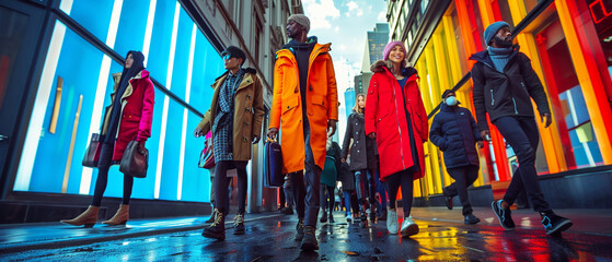 Low angle view of people, guys and girls walking on the street of a city clad in colorful modern, cool, fashionable clothes.