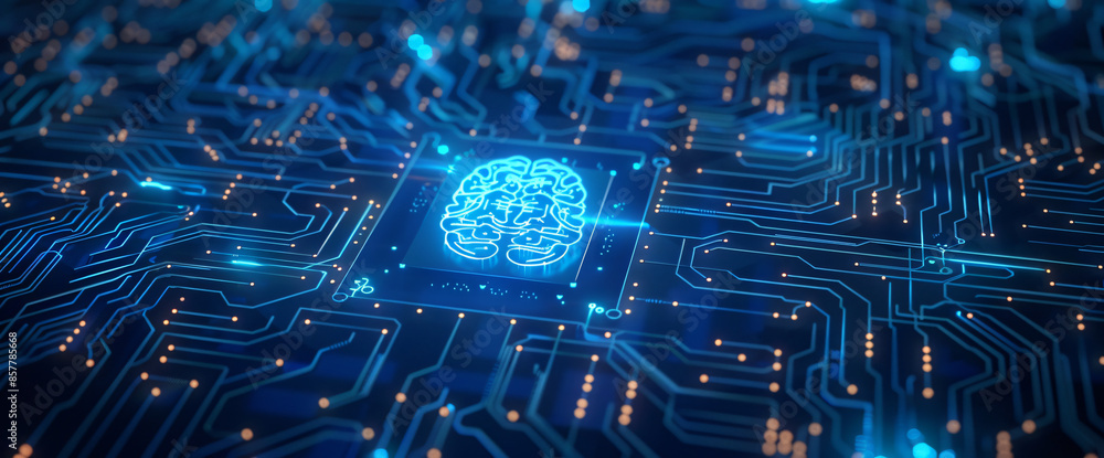 Poster abstract blue digital technology background with chip and brain icon on dark virtual circuit board f