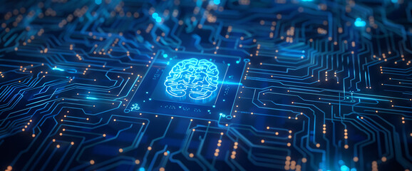 Abstract blue digital technology background with chip and brain icon on dark virtual circuit board for business, scifi, science fiction concept


