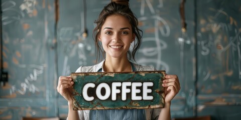 Waitress opens a cafe sign