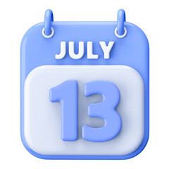 13th July Calendar Icon 3D Render