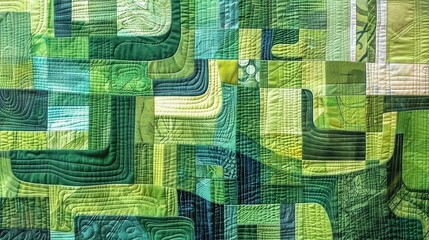 Fototapeta premium Abstract Quilted Wall Hanging with Green Geometric Rectangles - Modern Textile Art