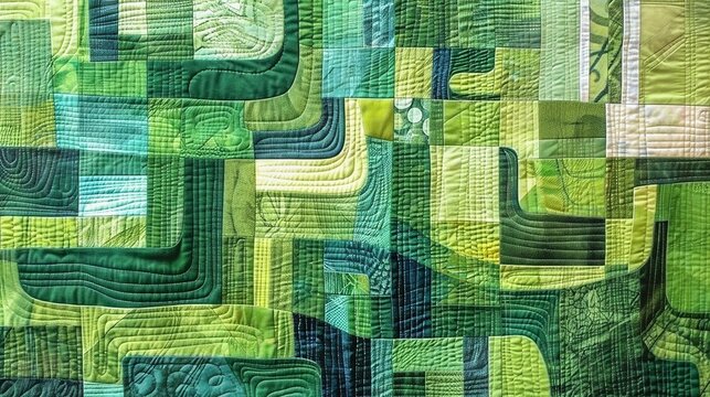 Abstract Quilted Wall Hanging with Green Geometric Rectangles - Modern Textile Art