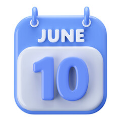 10th June Calendar Icon 3D Render