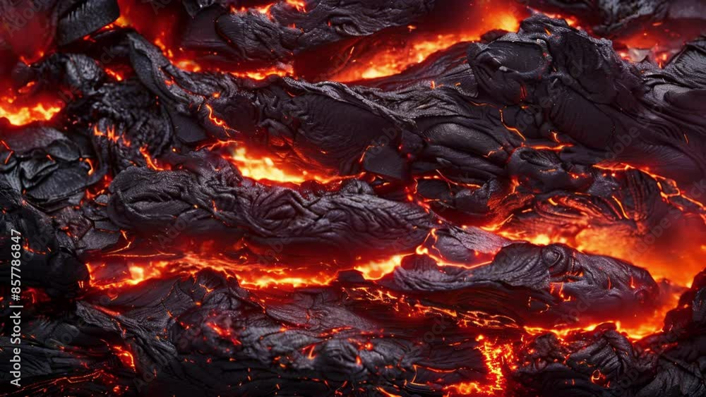 Poster a closeup of a rock face slowly being consumed by creeping lava creating a stark contrast between th