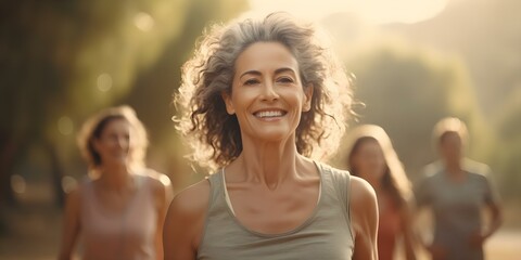Middleaged women exercise outdoors in a group promoting a healthy lifestyle. Concept Health and Wellness, Fitness Activities, Group Exercise, Outdoor Workout, Healthy Lifestyle