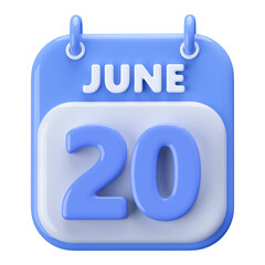 20th June Calendar Icon 3D Render