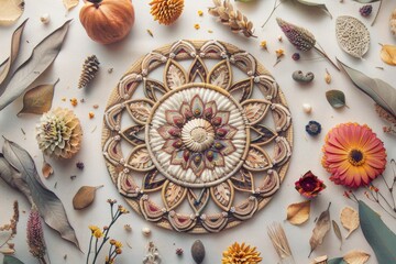 Autumn Art Mandala with Pumpkins, Flowers, and Dried Leaves - Perfect for Fall Decor