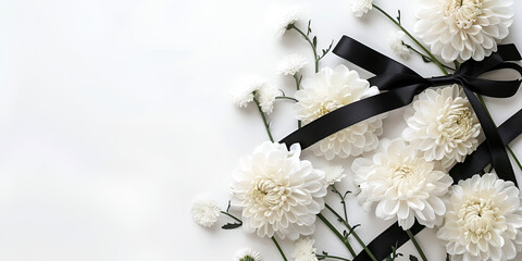 White Chrysanthemums with Black Ribbon, Elegant Funeral Flowers Arrangement
