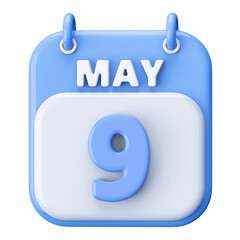 9th May Calendar Icon 3D Render