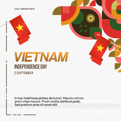 Vietnam Independence Day banner in modern geometric style. Square banner for celebration day with flags and typography. National holiday celebration backgrounds. Happy Vietnam Independence Day