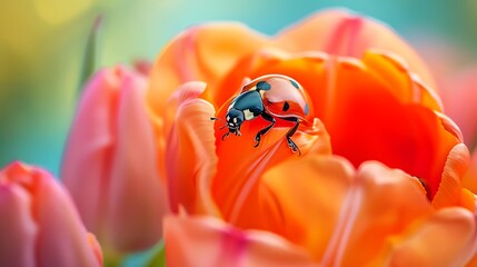 Ladybug on double tulip flower