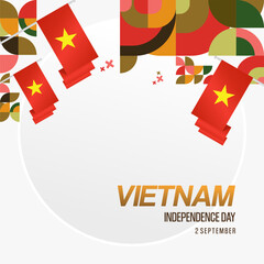 Vietnam Independence Day banner in modern geometric style. Square banner for celebration day with flags and typography. National holiday celebration backgrounds. Happy Vietnam Independence Day