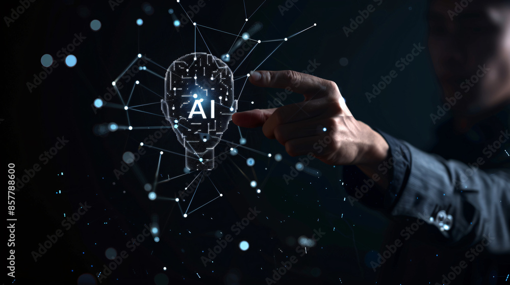 Poster fingers touching virtual icons on a digital futuristic interface with artificial intelligence techno