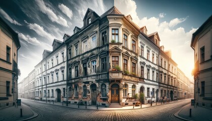 Obraz premium an old building in two different states, before and after renovation in a city