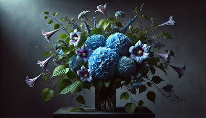 Bouquet of 'Nikko Blue' hydrangeas, trumpet vines, and evergreen clematis foliage flowers with a...