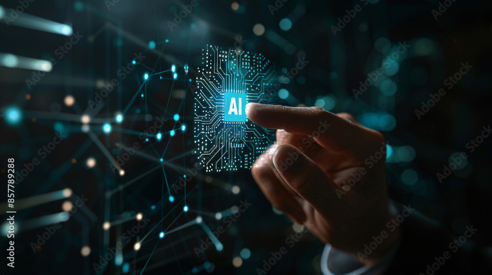 Poster fingers touching virtual icons on a digital futuristic interface with artificial intelligence techno