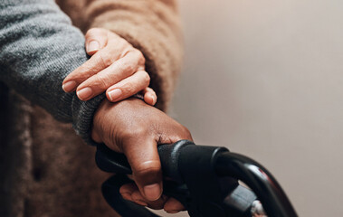 Senior couple and hands for disability support, empathy for pensioner with parkinson disease or...