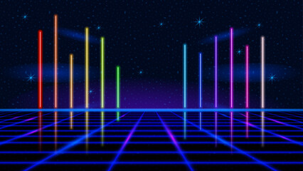 Glowing Futuristic Neon Wireframe Landscape with Vibrant Neon Lights Background. Cyber Grid with Glowing Perpendicular Lines in Perspective View. Vector backdrop