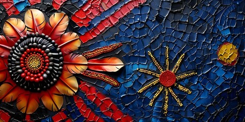 Aboriginal artist reimagines Australian flag with indigenous culture elements. Concept Australian Flag Redesign, Indigenous Cultural Elements, Aboriginal Artist, National Identity, Symbolism