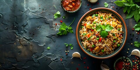 Vibrant photo of spicy Indian biryani on dark background capturing aromatic flavors. Concept Food Photography, Indian Cuisine, Vibrant Colors, Aromatic Flavors, Dark Background