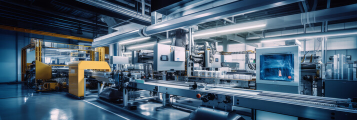 Fototapeta premium A packaging line with high-tech machines rapidly boxing and labeling consumer products, lit by harsh industrial lighting