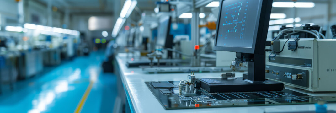 An electronics assembly line with soldering stations and circuit board testers, illustrating the machines that assemble electronic devices.