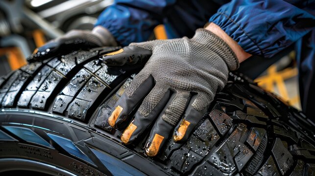 Close-up shot of a mechanics gloved hands inspecting a new car tire in a workshop setting