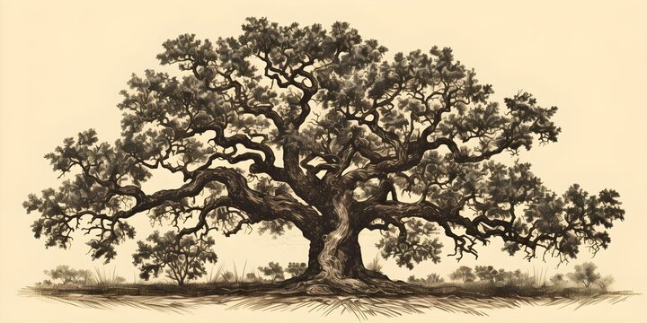 Vintage oak tree woodcut engraving sketch in vintage style. Concept Illustrations, Vintage art, Woodcut engraving, Oak tree, Vintage style