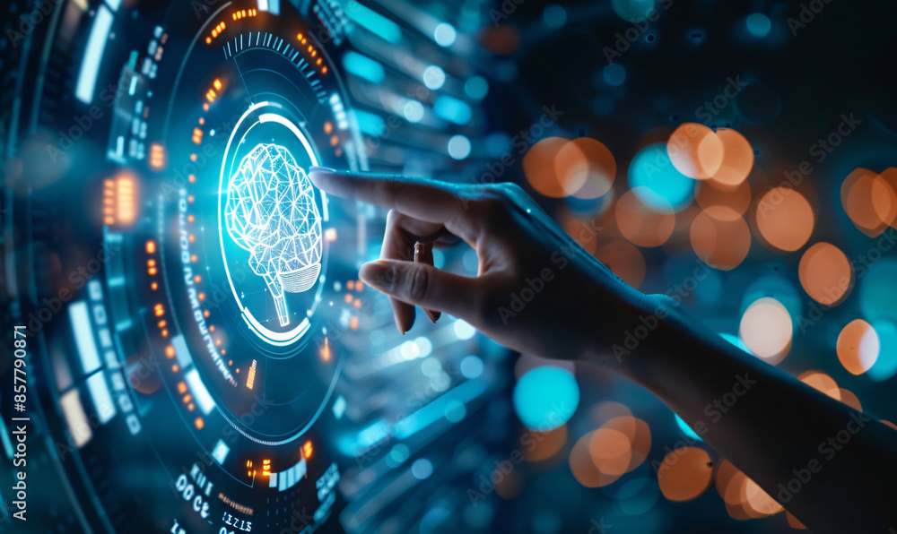 Poster fingers touching virtual icons on a digital futuristic interface with artificial intelligence techno