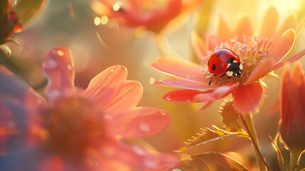 Ladybug on flower aginst sun light