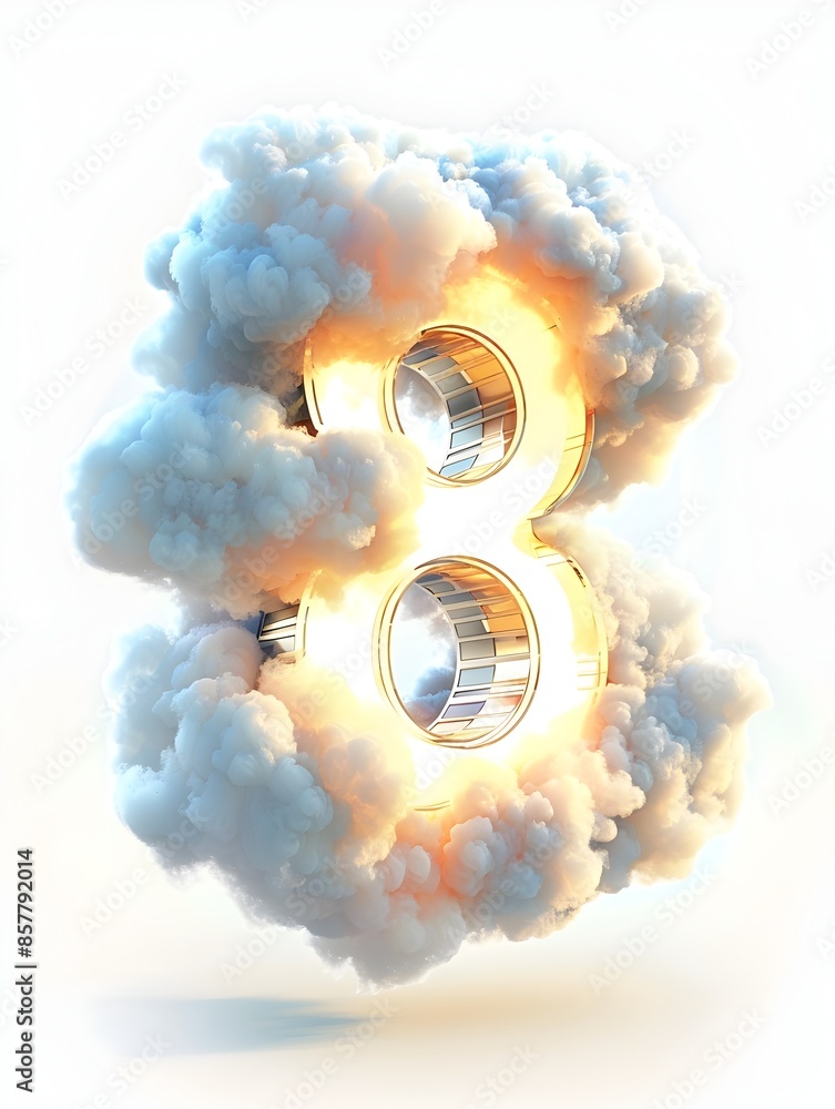 Poster Glowing 3D Numeric Artwork of Number 8 Crafted from Luminous Clouds in Serene Morning Sky